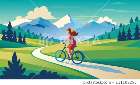 Active woman cycling on a scenic mountain path - vector illustration Active woman cycling on a scenic mountain path - vector illustration 111108253