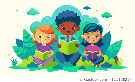 Diverse group of happy children reading books outdoors, educational concept illustration Diverse group of happy children reading books outdoors, educational concept illustration 111108254
