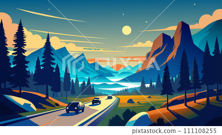 Scenic mountain road trip at sunset with vibrant landscape vector illustration Scenic mountain road trip at sunset with vibrant landscape vector illustration 111108255