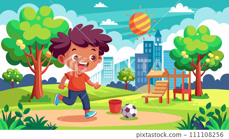 Happy child running in a park with soccer ball and playground 111108256