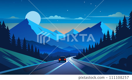 Serene nighttime mountain drive vector illustration with full moon 111108257