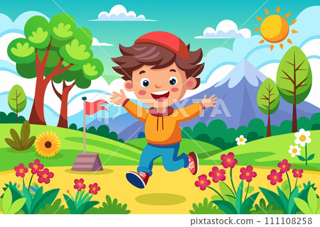 Happy cartoon boy running in a colorful park with flowers and trees Happy cartoon boy running in a colorful park with flowers and trees 111108258