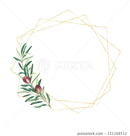Golden geometric frame, wreath with olive branch, red olives isolated on white background. For wedding stationery, invitations, save the date, greeting card, logos. 111108512