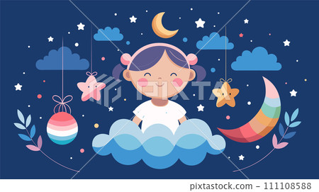 Dreamy night scene with cute girl imagining stars and moon 111108588