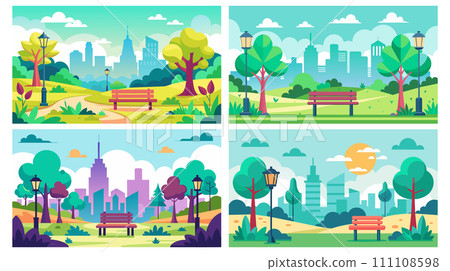 Urban park scenes through seasons, cityscape background, vector illustration set Urban park scenes through seasons, cityscape background, vector illustration set 111108598