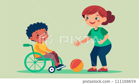 Inclusive playtime. Girl playing ball with boy in wheelchair 111108659
