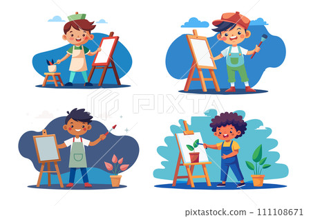 Children painting and drawing in art class, creative kids vector illustration set 111108671
