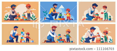 Vector illustration of father and son building blocks together, family bonding time Vector illustration of father and son building blocks together, family bonding time 111108703