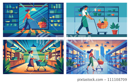 Customers shopping in a modern grocery store vector illustration set Customers shopping in a modern grocery store vector illustration set 111108709
