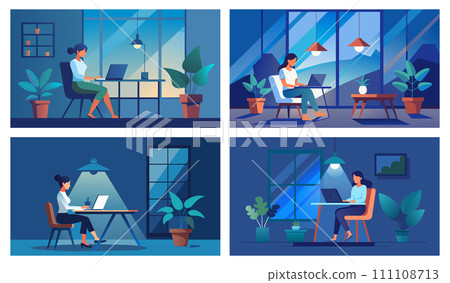 Remote work concept. Woman working on laptop in different settings Remote work concept. Woman working on laptop in different settings 111108713