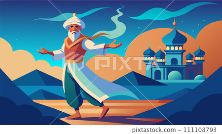 Magical arabian nights scene with genie and palace vector illustration Magical arabian nights scene with genie and palace vector illustration 111108793