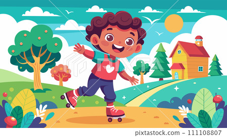 Happy child roller skating in a cartoon landscape with sunny countryside background 111108807