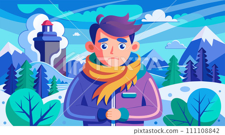 Colorful winter adventure vector illustration with hiker and lighthouse Colorful winter adventure vector illustration with hiker and lighthouse 111108842