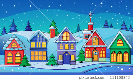Colorful cartoon christmas village with snowy houses and trees Colorful cartoon christmas village with snowy houses and trees 111108843