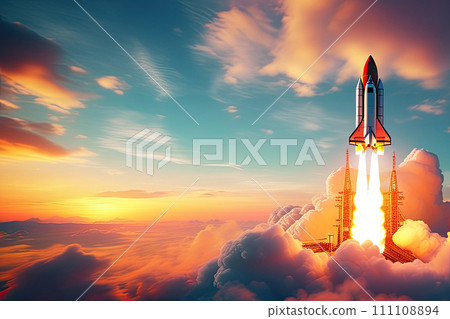 The rocket takes off from the planet. Colorful bright modern style illustration. 111108894