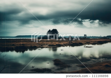 Gloomy dark landscape with grunge and glitch effect. Gloomy dark landscape with grunge and glitch effect. 111108898