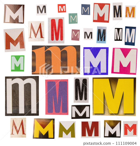 Letter M cut out from newspapers 111109004