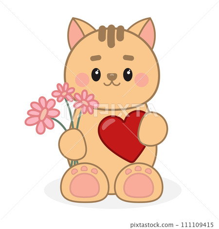 cute cartoon cat with a heart and flowers in hands cute cartoon cat with a heart and flowers in hands 111109415