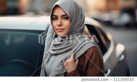 AI-generated content. Young Muslim woman. Woman in hijab, blurred background with car 111109533