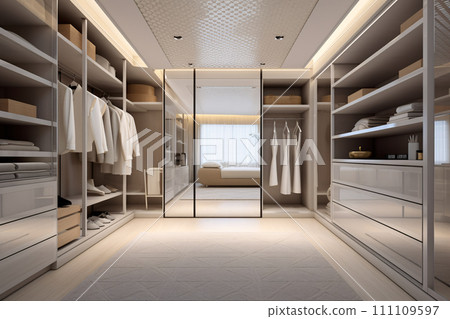 Modern warm wood and white walk in closet, minimal walk in wardrobe dressing room interior design. generative ai Modern warm wood and white walk in closet, minimal walk in wardrobe dressing room interior design. generative ai 111109597