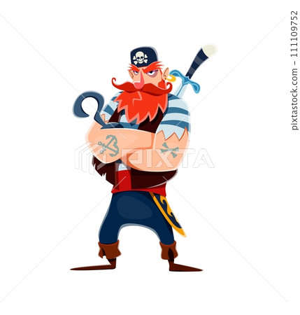 Cartoon pirate sailor character with hook and sword. Funny pirate vector personage of red bearded man wearing black bandana with crossbones skull and vest. Angry corsair standing with crossed arms 111109752