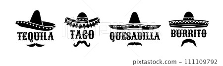 Mexican sombrero with taco and tequila, burrito and quesadilla letterings. Vector silhouettes of mexican carnival mariachi musician of charro cowboy hats set with black moustaches and ethnic ornaments Mexican sombrero with taco and tequila, burrito and quesadilla letterings. Vector silhouettes of mexican carnival mariachi musician of charro cowboy hats set with black moustaches and ethnic ornaments 111109792