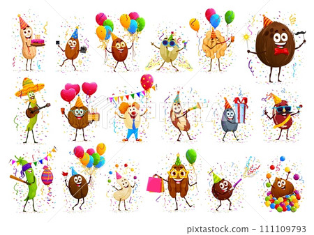 Cartoon nut characters on holiday and birthday party. Cute protein food vector personages, happy almond, peanut, walnut, cashew, pistachio and hazelnut, bean, sunflower seed with birthday cake, gifts 111109793