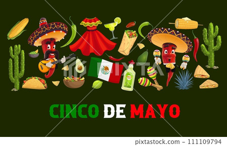 Mexican cuisine, drinks and characters on cinco de mayo banner. Vector jalapeno or chili peppers in sombrero, cactus, dress and tequila. Tex mex taco, burrito, quesadilla and avocado, flag and maracas 111109794