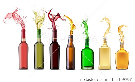 Alcohol bottle with splash, isolated 3d vector row of vibrant glass flasks stand enticingly with lively colorful liquid swirls, frozen in mid-air, promising a spirited and lively celebration, bar menu 111109797