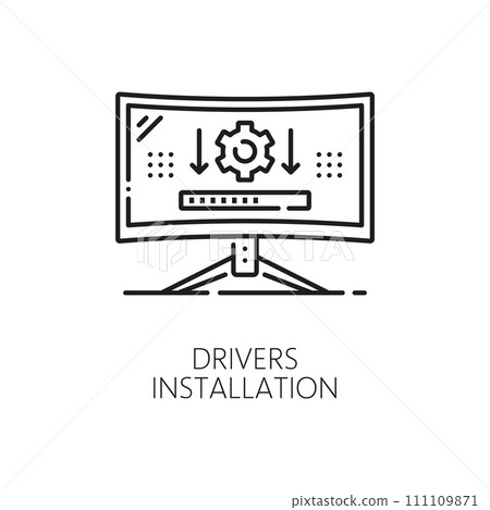 Computer software line icon of driver installation, outline vector. PC or laptop hardware and computer service center, maintenance and support of digital device with drivers update installation 111109871