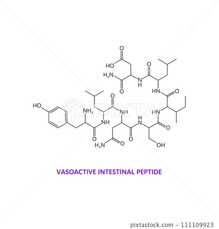Neurotransmitter chemical formula of vasoactive intestinal peptide, vector molecule structure. Neuroscience icon of vasoactive intestinal polypeptide or hormone and amino acid molecular formula Neurotransmitter chemical formula of vasoactive intestinal peptide, vector molecule structure. Neuroscience icon of vasoactive intestinal polypeptide or hormone and amino acid molecular formula 111109923