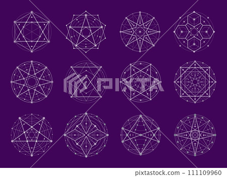Sacred geometry, esoteric magic and alchemy symbols, myth and meditation vector pentagram. Spiritual tattoo shapes of sacred geometry pentagrams or occult star pentacles, pyramids in esoteric lines 111109960