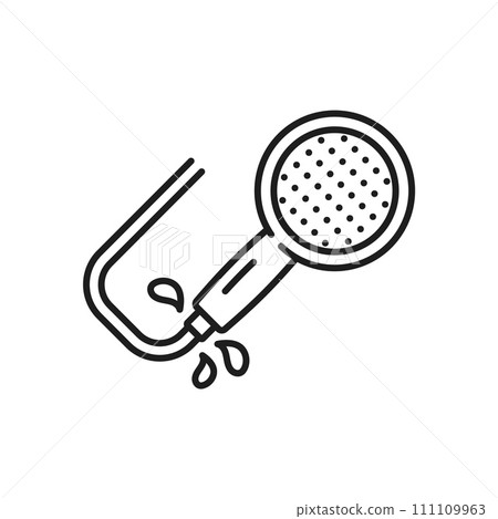 Plumbing, sewerage repair service line icon. House bathroom or shower pipes repair and maintenance outline vector symbol. Plumbing service thin line sign or pictogram with leaking shower hose and head 111109963