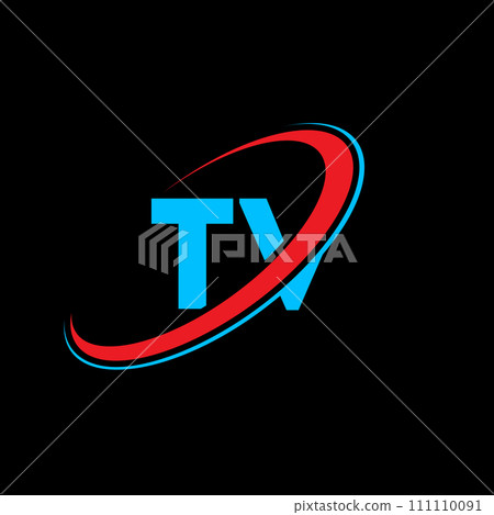 TV T V letter logo design. Initial letter TV linked circle uppercase monogram logo red and blue. TV logo, T V design. tv, t v 111110091