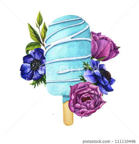 Cake on a stick, cake pops in blue glaze with pink peon, blue anemone. Watercolor illustration sweets dessert with flowers for decoration and design Birthday card, party, design flyer, poster, banner 111110496