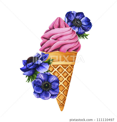Tasty ice cream with blue anemone flowers. Sweet summer dessert, gelato with different tasties, ice-cream cone and popsicle. Watercolor illustration street frozen food for postcards, design, print 111110497