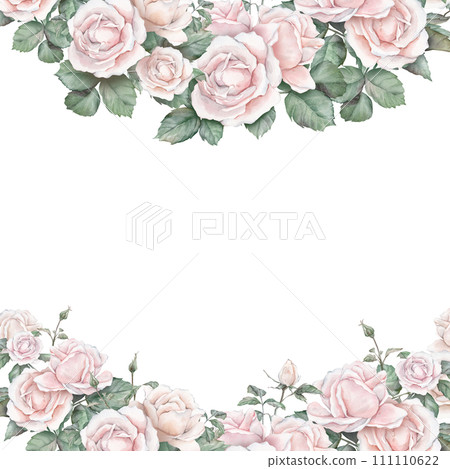 Watercolor invitation design with light cream roses and leaves. Botanical watercolor illustration flower. Template background with floral element. Frame of hand drawn isolated background Watercolor invitation design with light cream roses and leaves. Botanical watercolor illustration flower. Template background with floral element. Frame of hand drawn isolated background 111110622