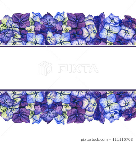 Border with blue flowers. Watercolor illustration blue hydrangea isolated on white background. Floral bouquets design for cosmetics, perfume, beauty care products, greeting cards Border with blue flowers. Watercolor illustration blue hydrangea isolated on white background. Floral bouquets design for cosmetics, perfume, beauty care products, greeting cards 111110708