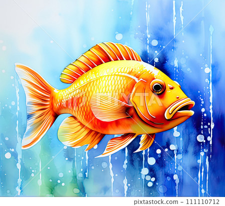 Watercolor funny fish illustration. Cartoon character painting. Watercolor funny fish illustration. Cartoon character painting. 111110712