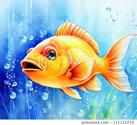 Watercolor funny fish illustration. Cartoon character painting. Watercolor funny fish illustration. Cartoon character painting. 111110719