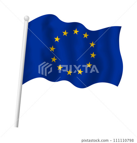 EU flag waving. Vector isolated illustration of European Union flag on flagpole in wind. Yellow stars circle on blue background EU flag waving. Vector isolated illustration of European Union flag on flagpole in wind. Yellow stars circle on blue background 111110798