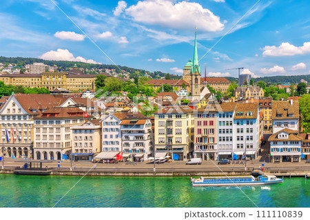Aerial view on the Preacher's Church Tower and promenade of Zurich, Switzerland 111110839