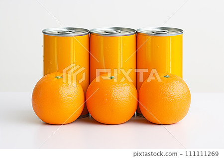 Orange cans of orange juice on a white background, close-up mockup 111111269