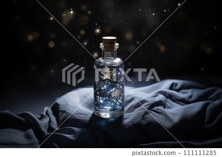 Magic potion in glass bottle with star on dark background. Witchcraft concept. 111111285