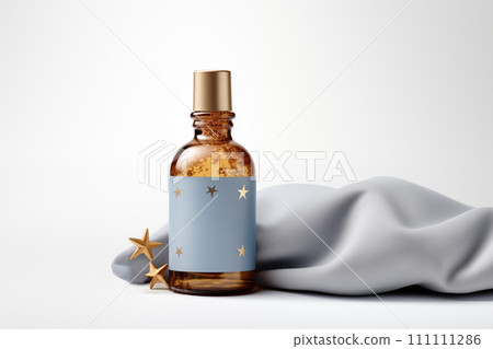 Amber glass bottle with blue label and gold star on white background 111111286