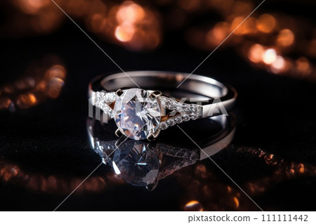 Sparkling diamond engagement ring with reflection on a black background with bokeh. Symbolizes love and devotion. Jewelry decoration. Cut diamond. Close up. Elegant wedding ring. Beautiful. 111111442