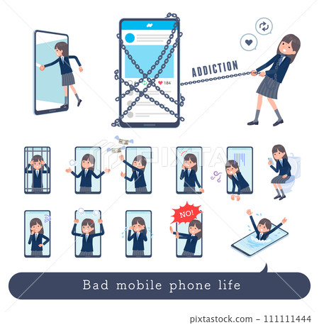 A set of female students in navy blue blazers suffering from smartphones and SNS A set of female students in navy blue blazers suffering from smartphones and SNS 111111444