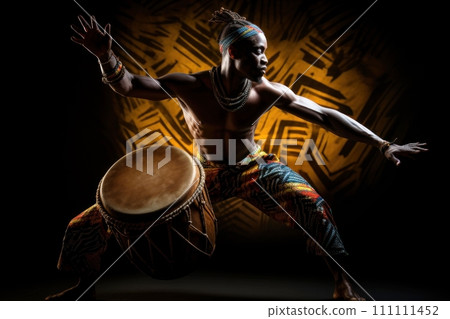 African drummer in traditional clothing playing a djembe drum and dancing against a dark background. The man beats out a groovy rhythm. A brilliant performance by a musician.  111111452