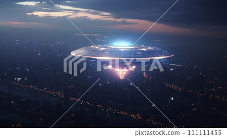 UFO with radiant lights hovering over city under night sky. Futuristic alien spaceship. Perfect for projects exploring extraterrestrial themes, science fiction, and unknown. Sci-fi concept UFO with radiant lights hovering over city under night sky. Futuristic alien spaceship. Perfect for projects exploring extraterrestrial themes, science fiction, and unknown. Sci-fi concept 111111455