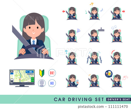 A set of female students in navy blue blazers driving a car 111111470